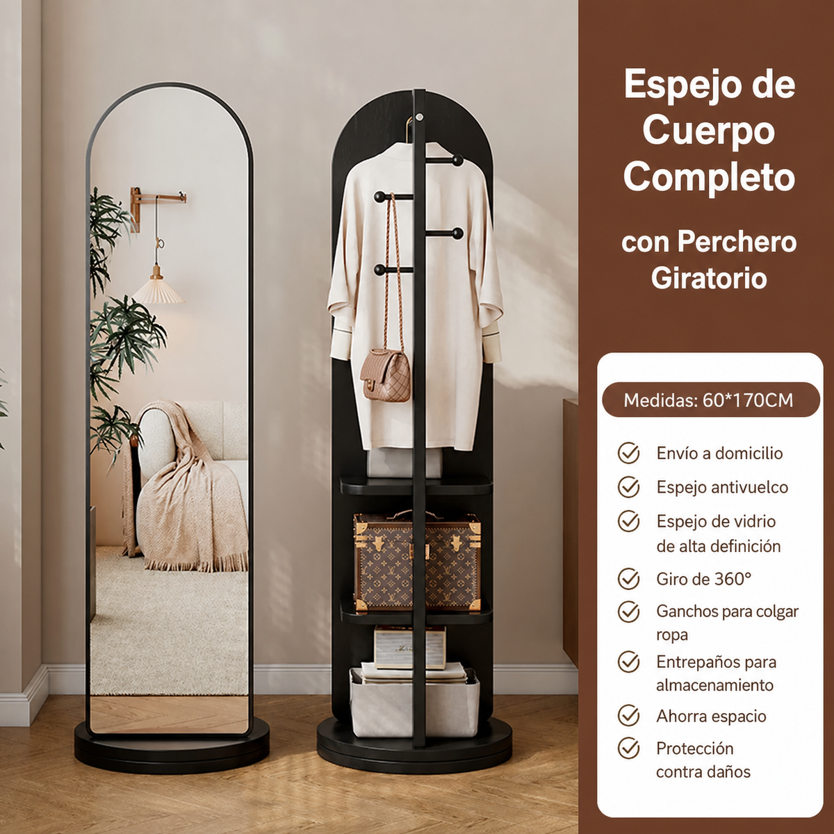 Espejo de Cuerpo Completo con Perchero Giratorio