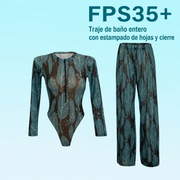 Traje de baño entero con estampado de hojas y cierre - 1