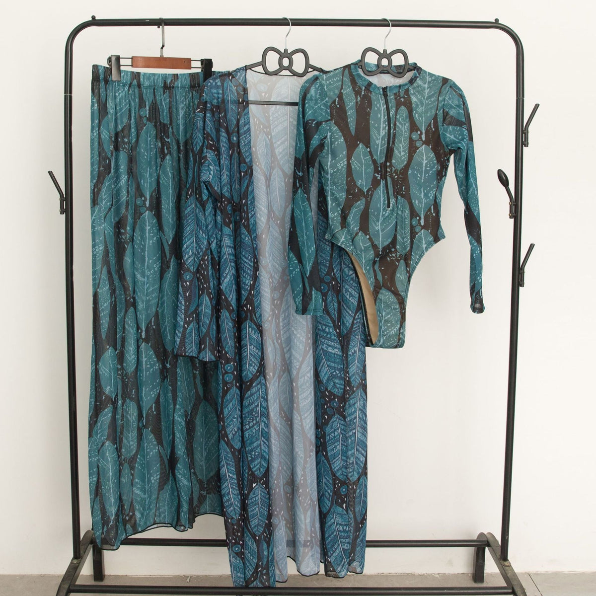 Traje de baño entero con estampado de hojas y cierre - 3