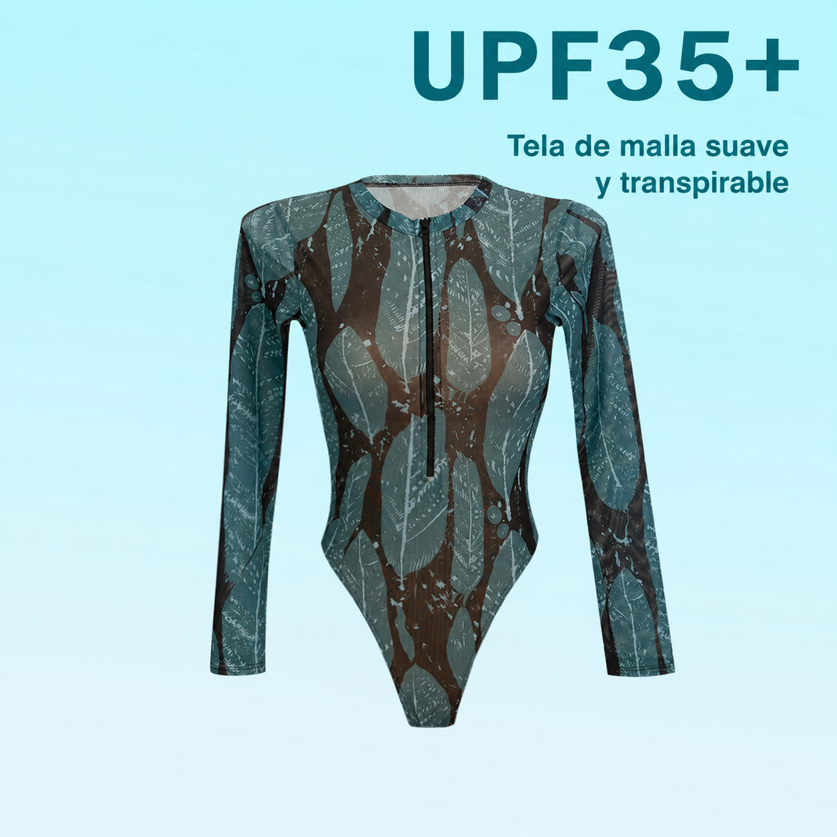 Traje de baño entero con estampado de hojas y cierre