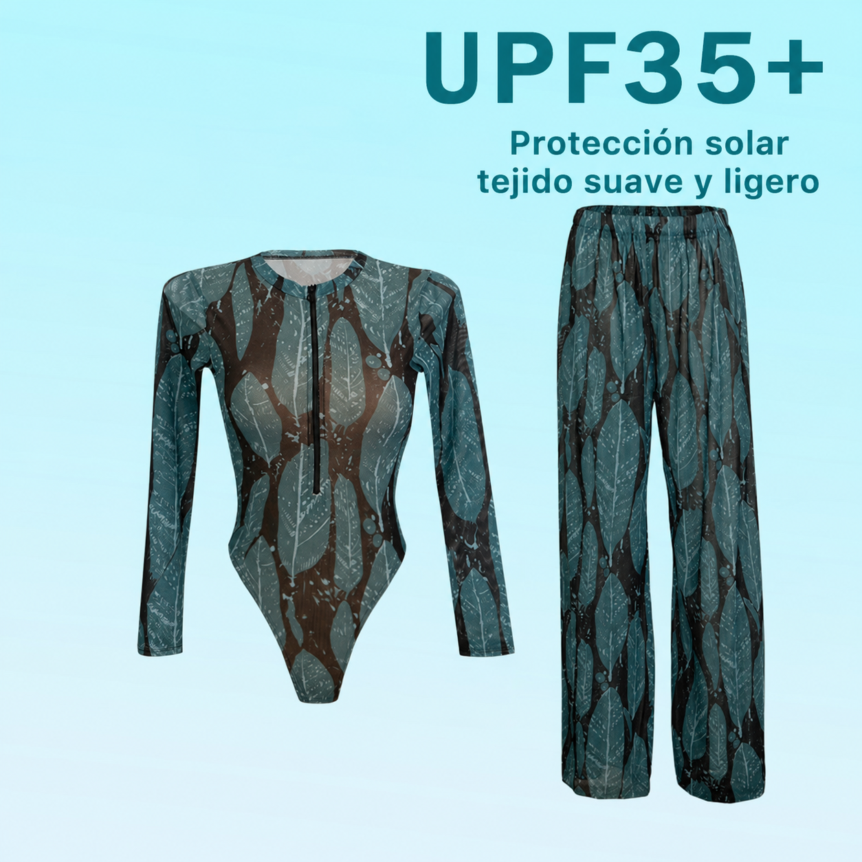 Traje de baño entero con estampado de hojas y cierre