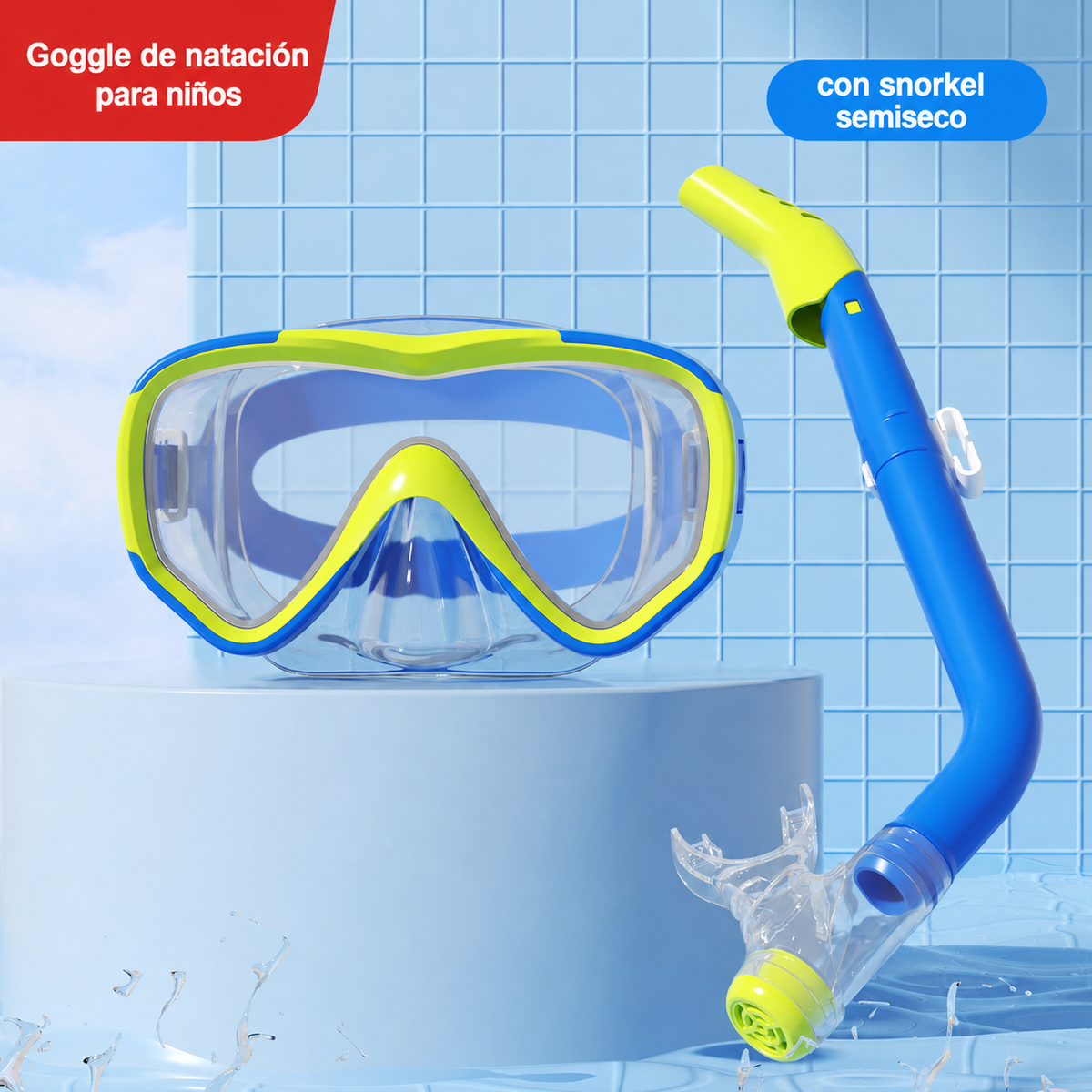 Goggle de natación para niños con snorkel semiseco