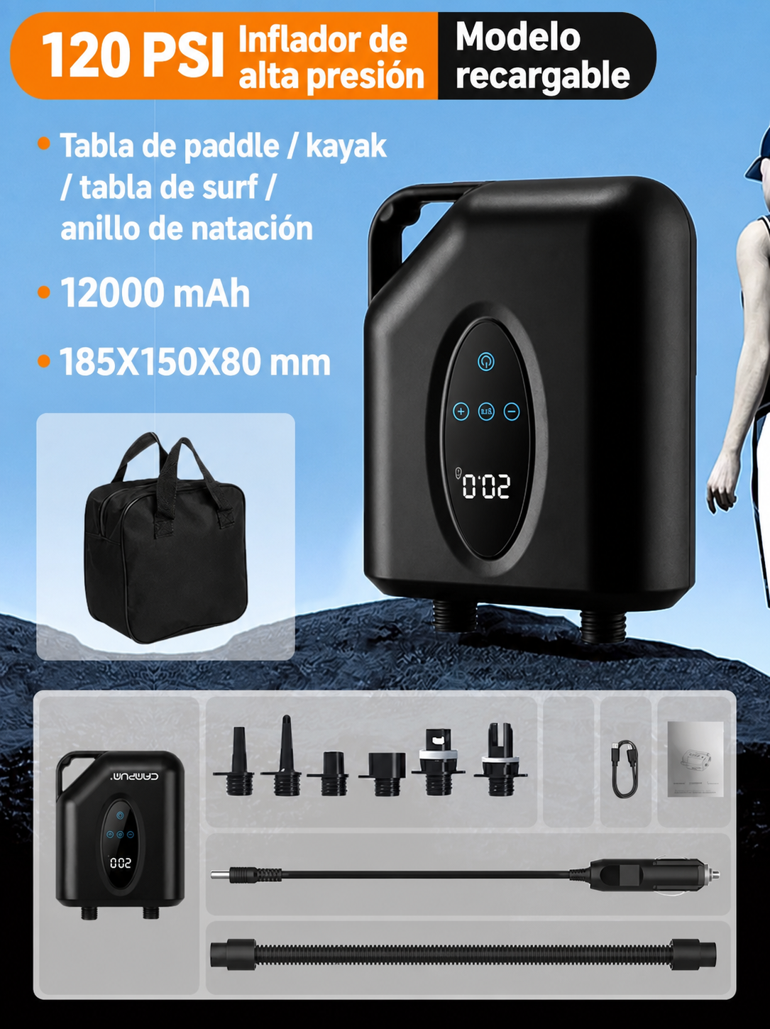 Inflador eléctrico de alta presión 120W Campum