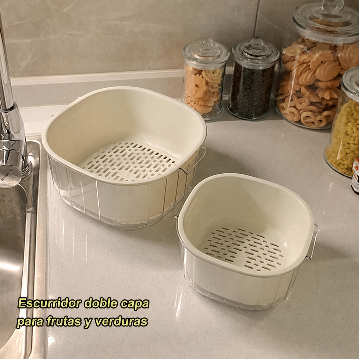Escurridor doble capa para frutas y verduras
