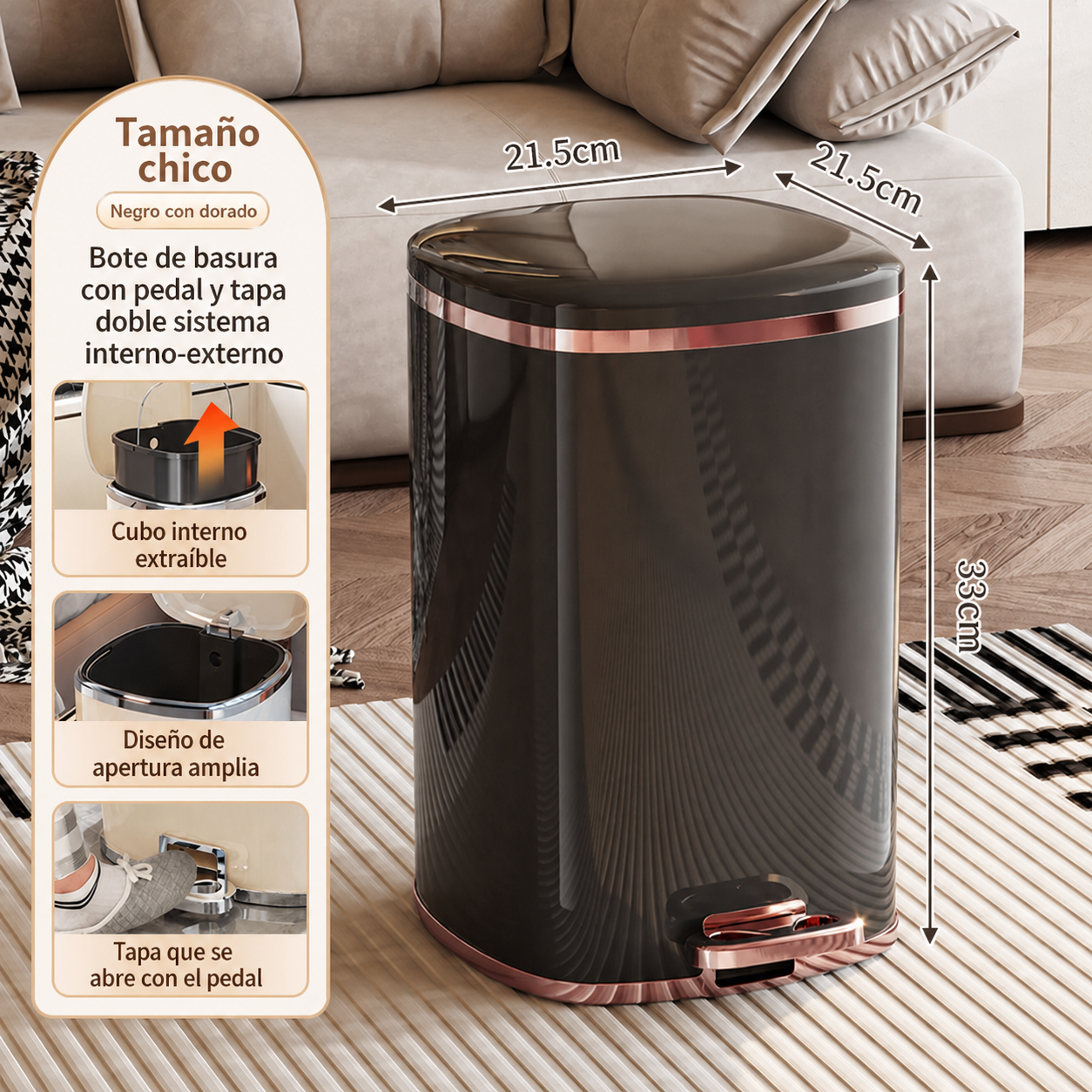 Bote de basura con pedal y tapa doble sistema interno-externo