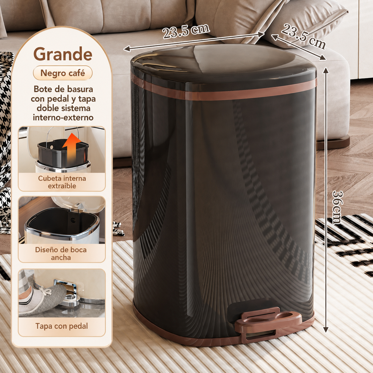 Bote de basura con pedal y tapa doble sistema interno-externo