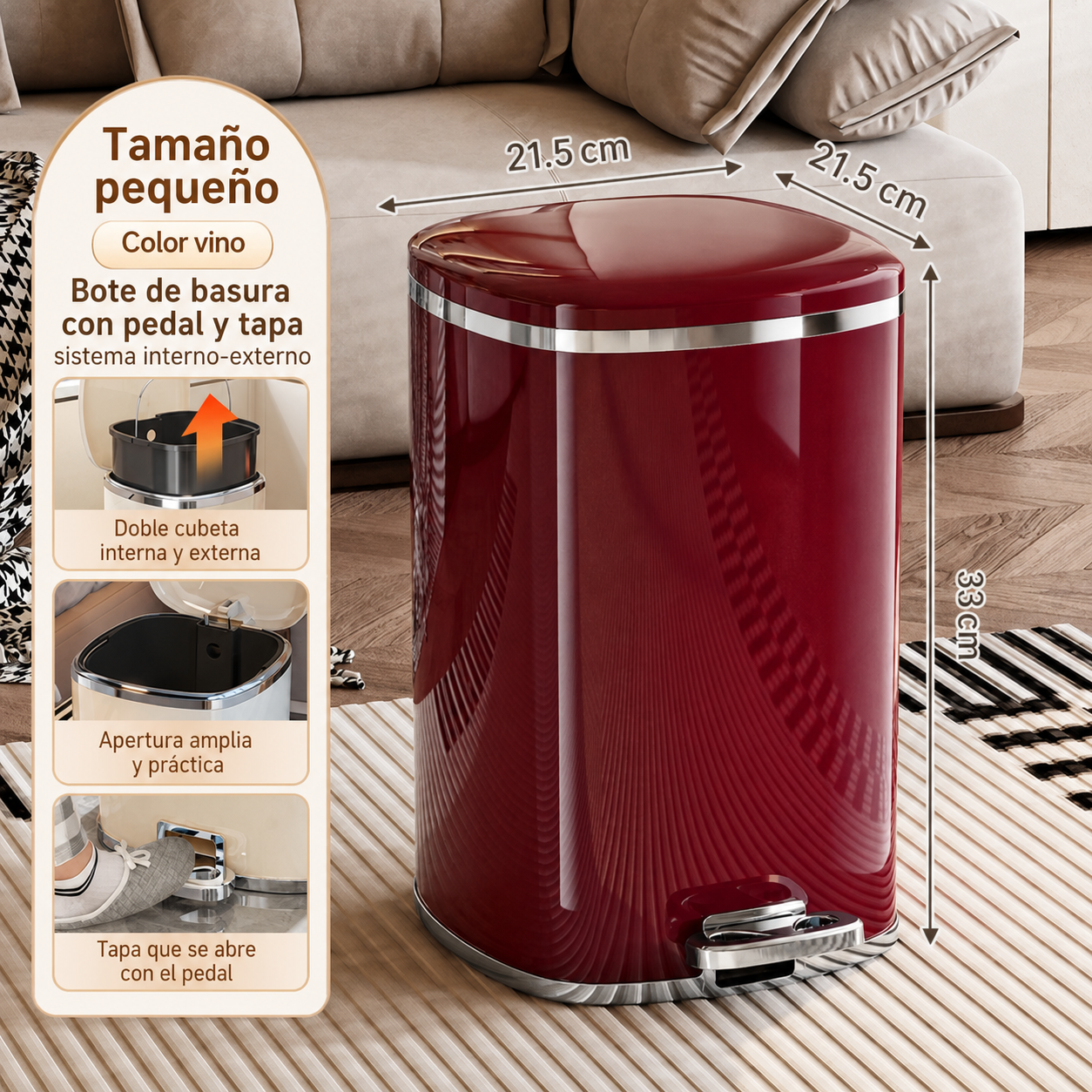 Bote de basura con pedal y tapa doble sistema interno-externo