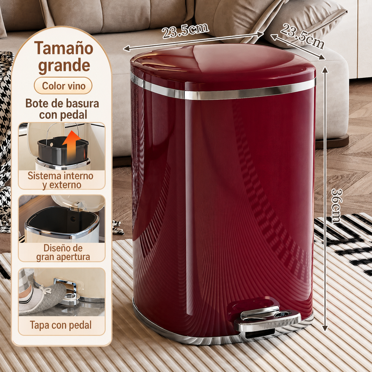 Bote de basura con pedal y tapa doble sistema interno-externo