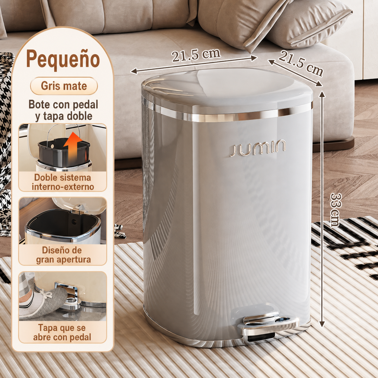 Bote de basura con pedal y tapa doble sistema interno-externo