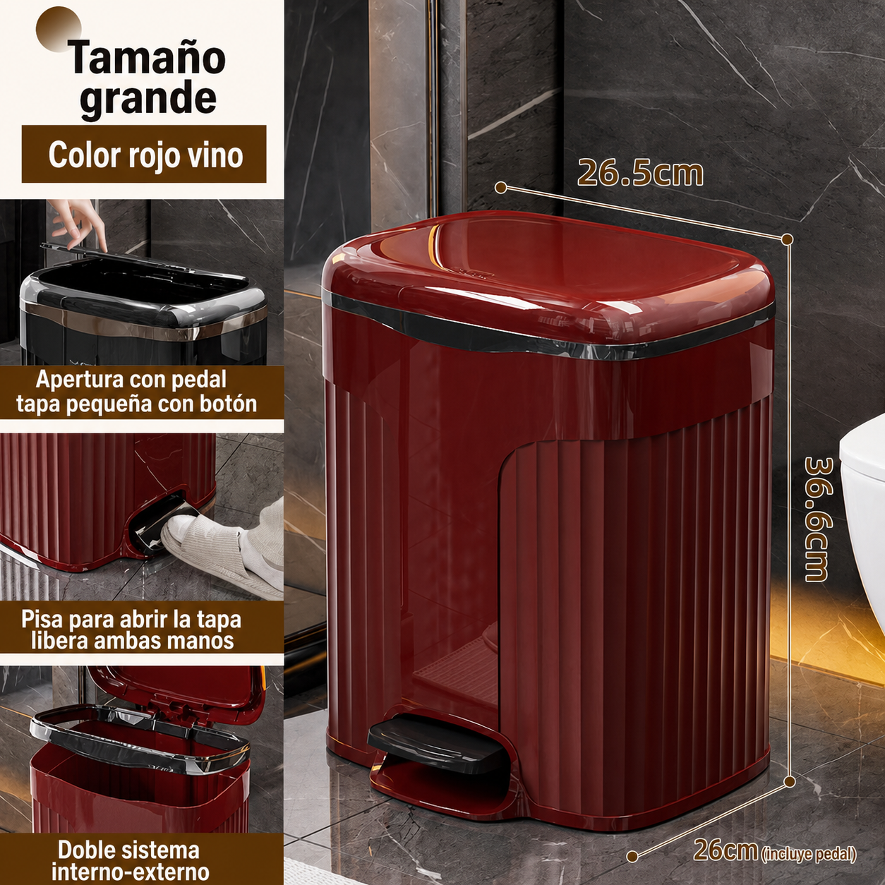 Bote de basura con pedal y tapa doble sistema interno-externo