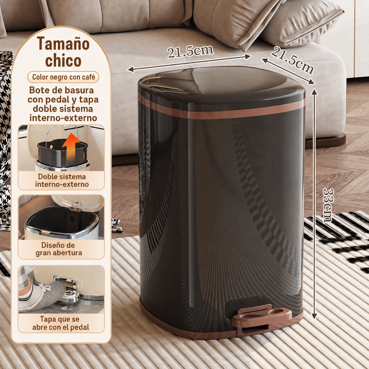 Bote de basura con pedal y tapa doble sistema interno-externo