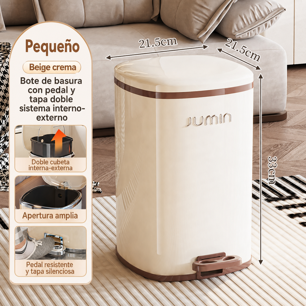Bote de basura con pedal y tapa doble sistema interno-externo
