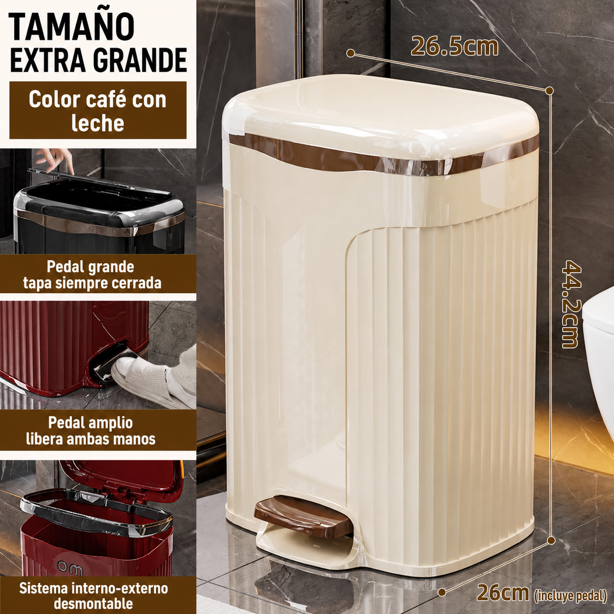 Bote de basura con pedal y tapa doble sistema interno-externo