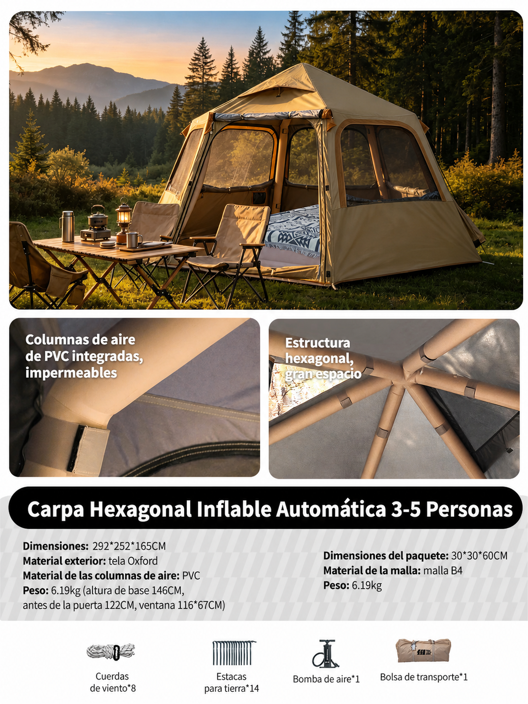 Carpa Hexagonal Inflable Automática 3-5 Personas