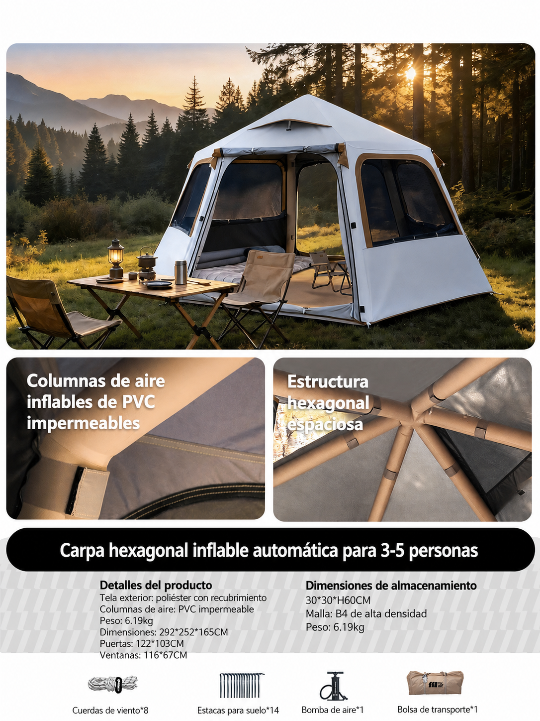 Carpa Hexagonal Inflable Automática 3-5 Personas