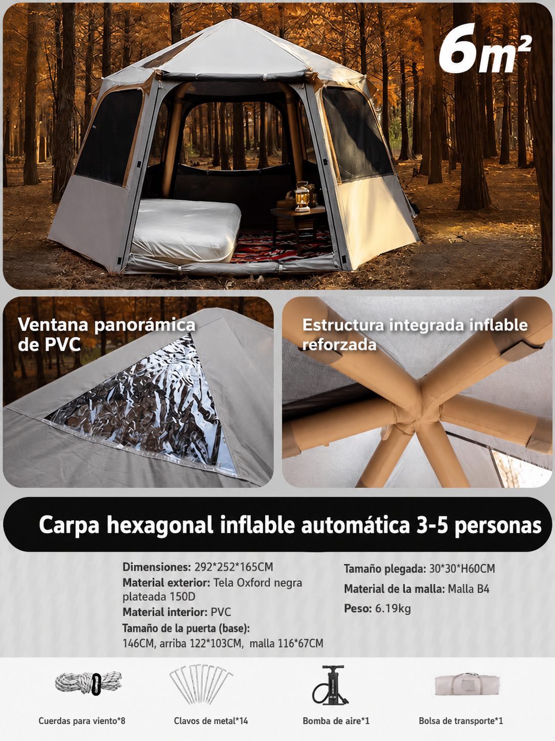 Carpa Hexagonal Inflable Automática 3-5 Personas