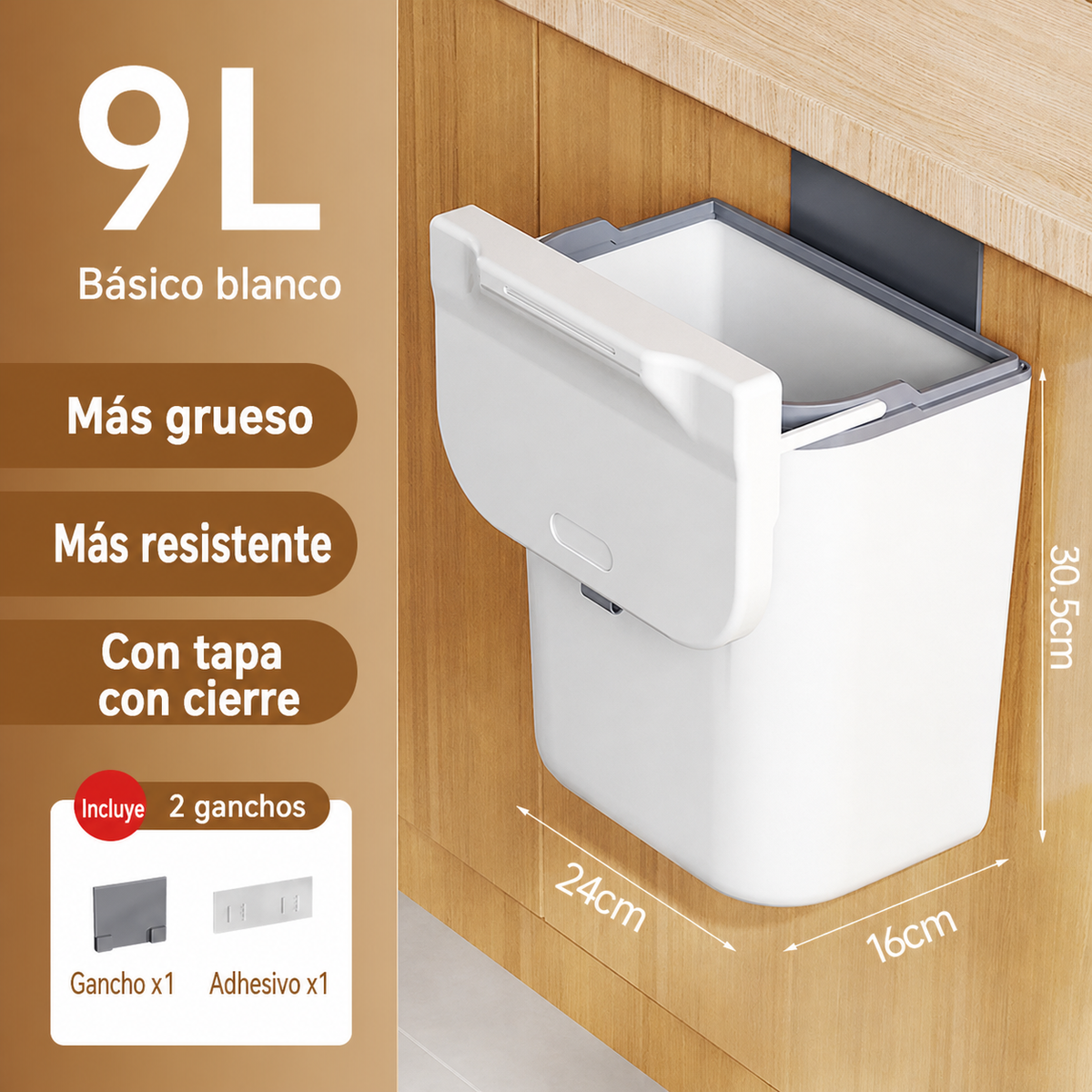 Bote de basura de pared con tapa para cocina ABS - 6