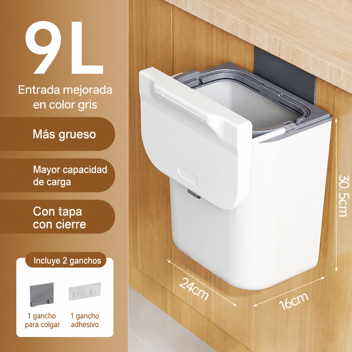 Bote de basura de pared con tapa para cocina ABS