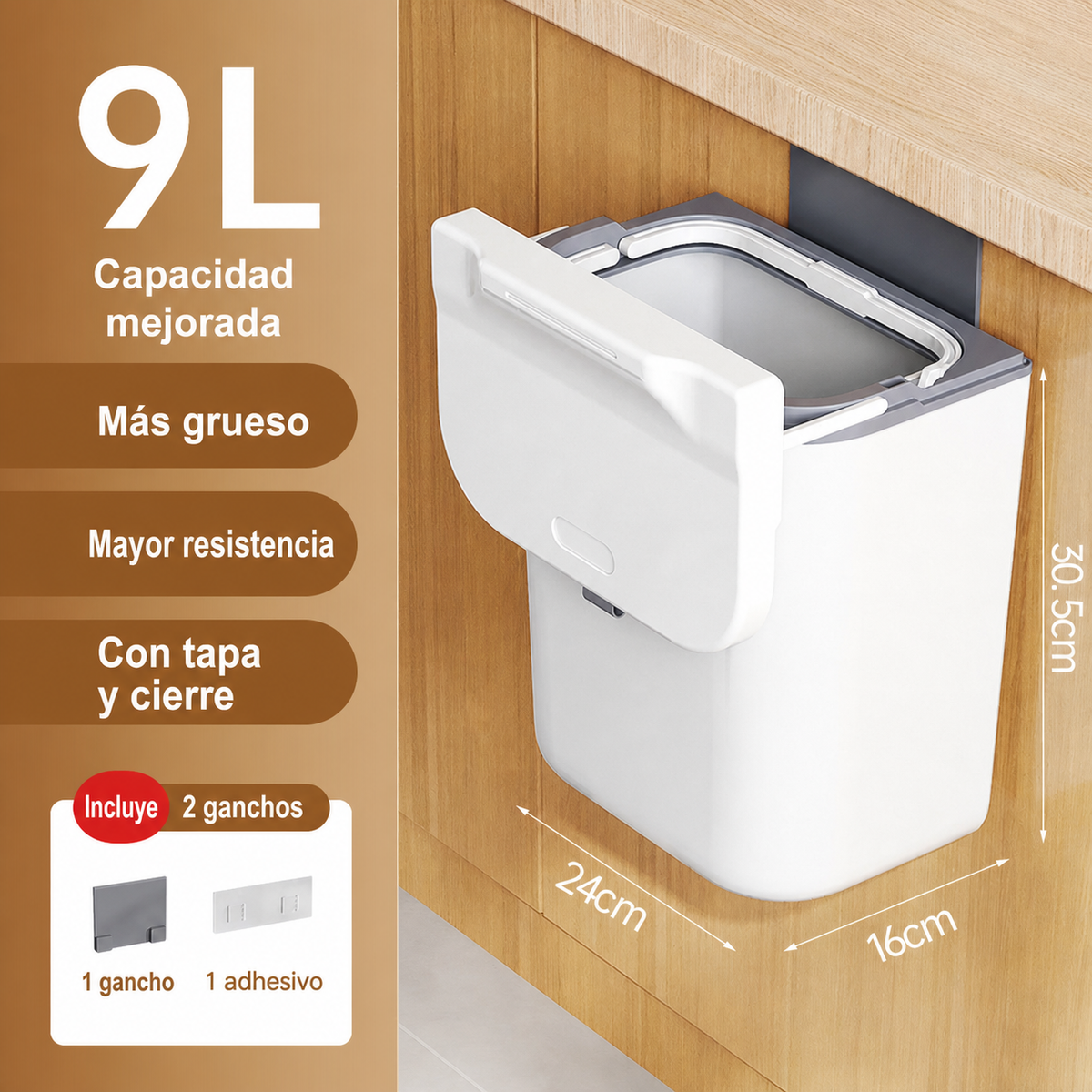 Bote de basura de pared con tapa para cocina ABS