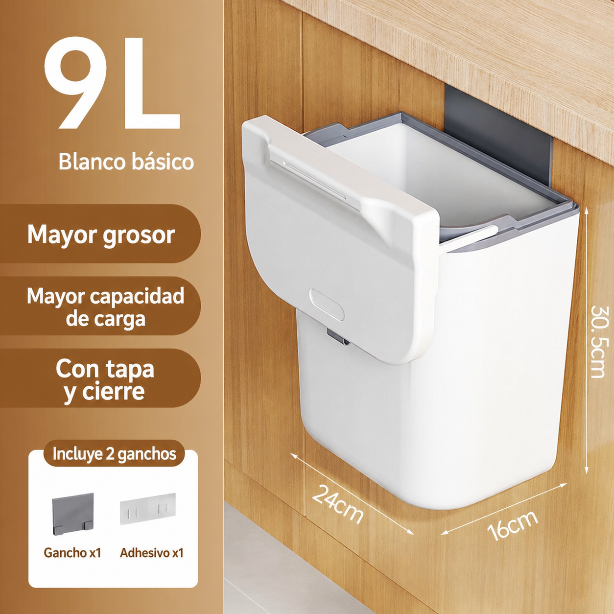 Bote de basura de pared con tapa para cocina ABS