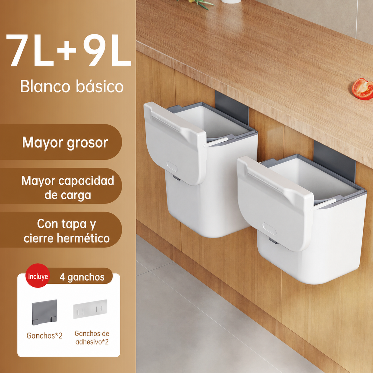 Bote de basura de pared con tapa para cocina ABS