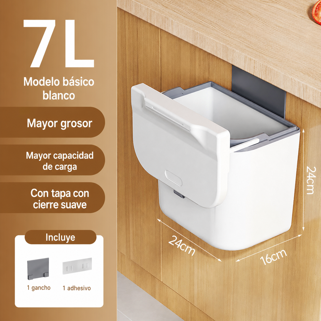Bote de basura de pared con tapa para cocina ABS