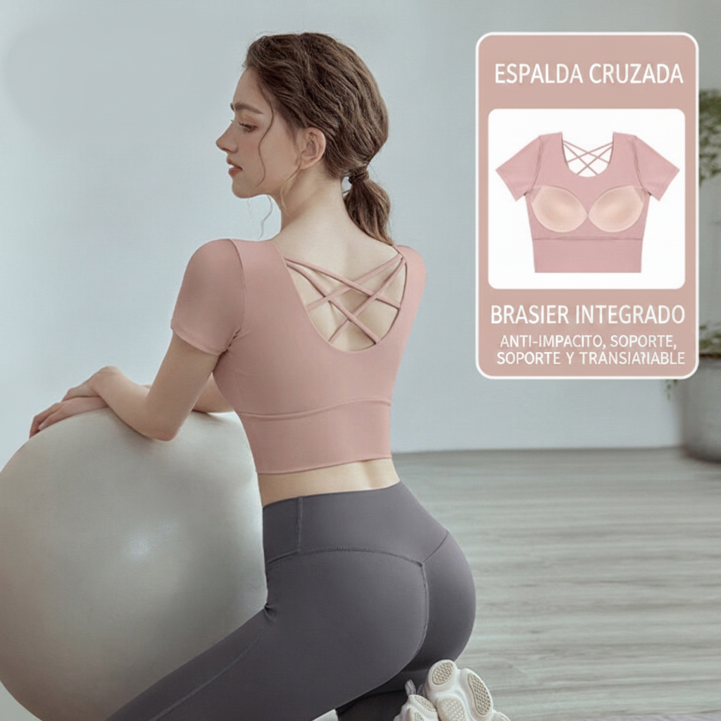 Top de Yoga con Brasier Integrado Manga Corta Mujer - 1