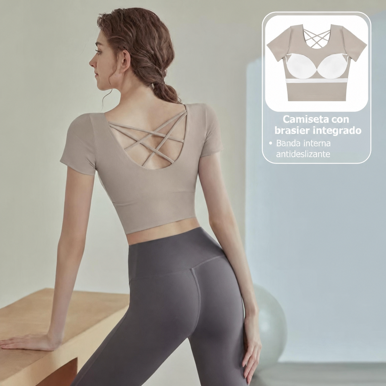 Top de Yoga con Brasier Integrado Manga Corta Mujer