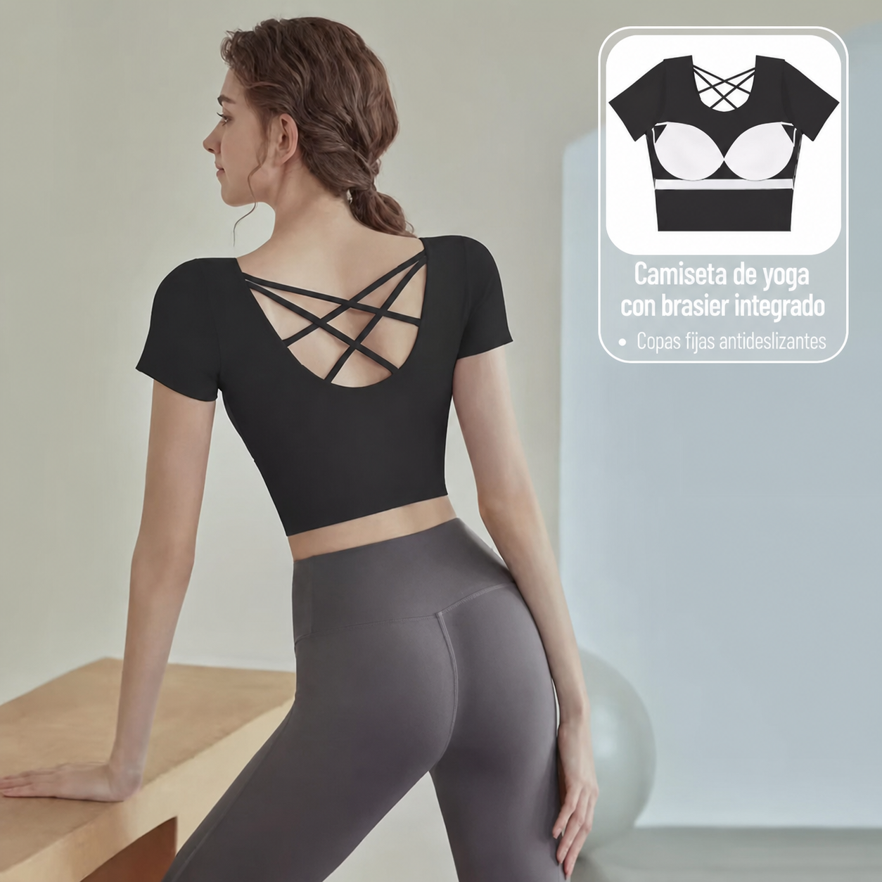Top de Yoga con Brasier Integrado Manga Corta Mujer