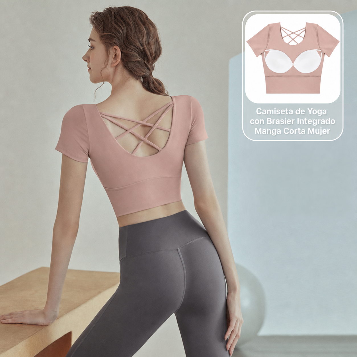 Top de Yoga con Brasier Integrado Manga Corta Mujer