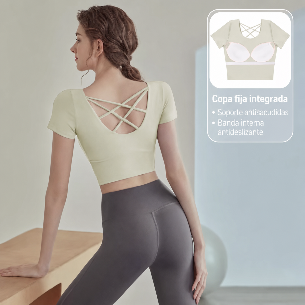 Top de Yoga con Brasier Integrado Manga Corta Mujer