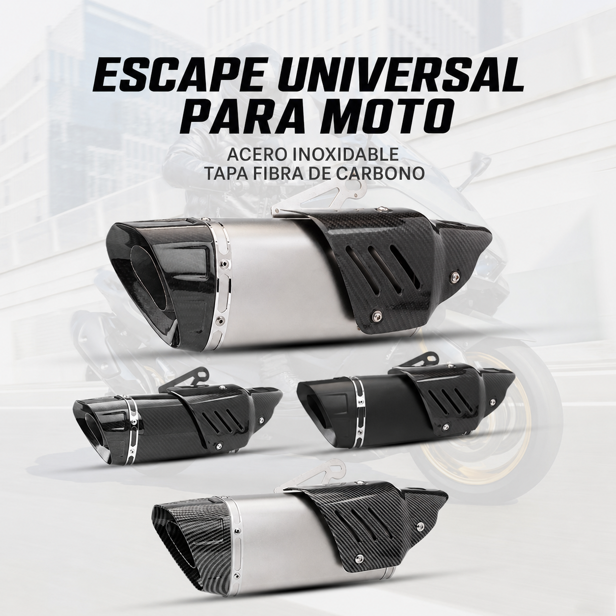 Escape Universal Moto Acero Inox Tapa Fibra de Carbono - 1