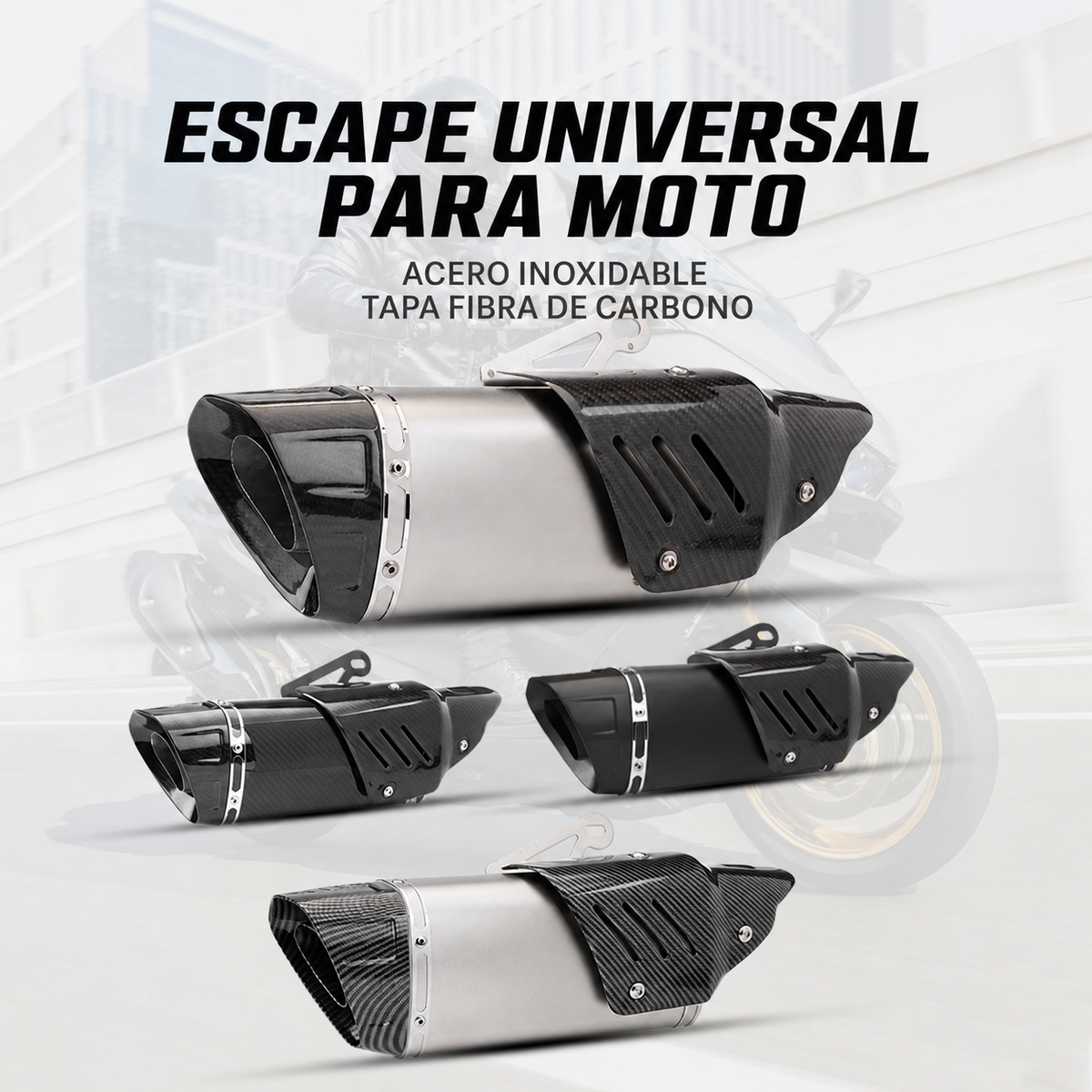 Escape Universal Moto Acero Inox Tapa Fibra de Carbono - 1