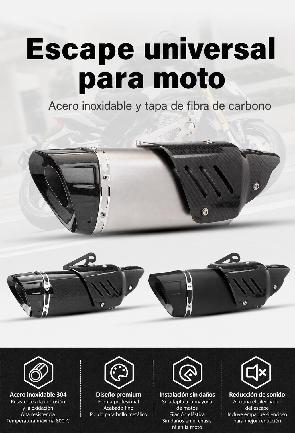 Escape Universal Moto Acero Inox Tapa Fibra de Carbono - 11