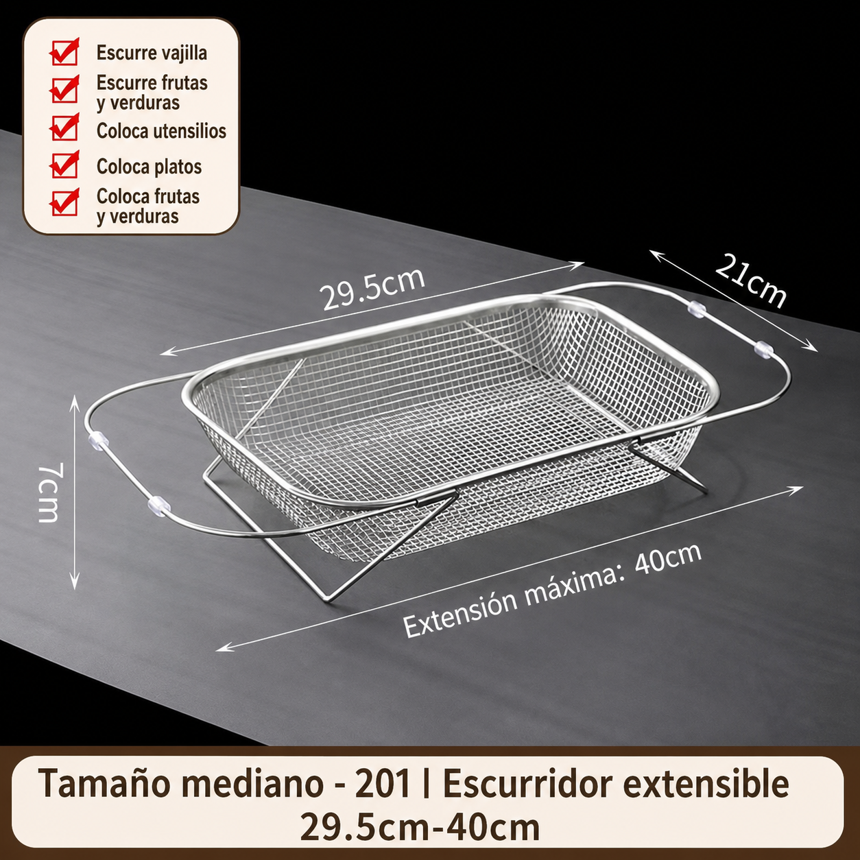 Escurridor de acero inoxidable extensible para cocina