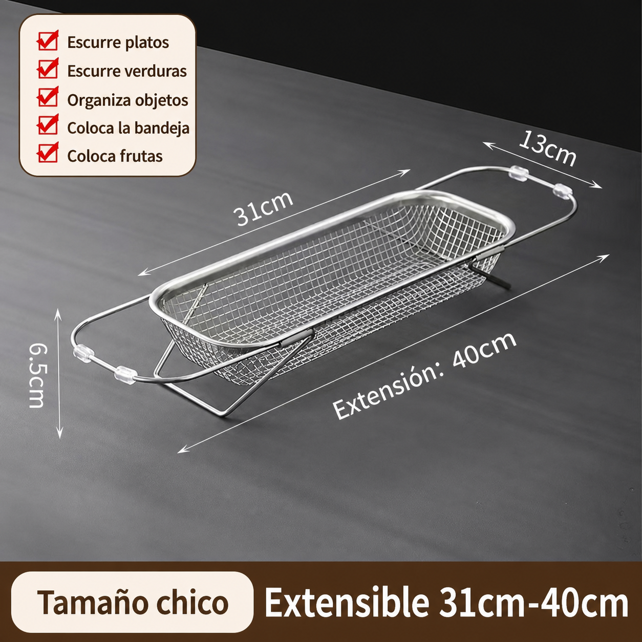 Escurridor de acero inoxidable extensible para cocina