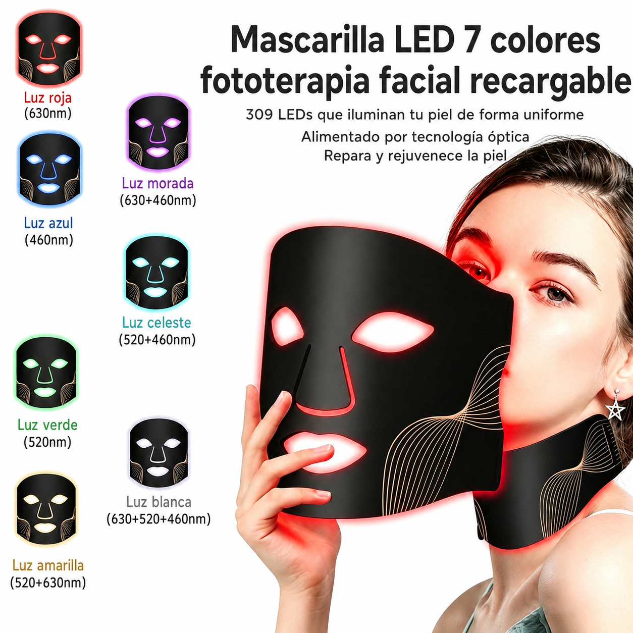 Mascarilla LED 7 colores fototerapia facial recargable - 3