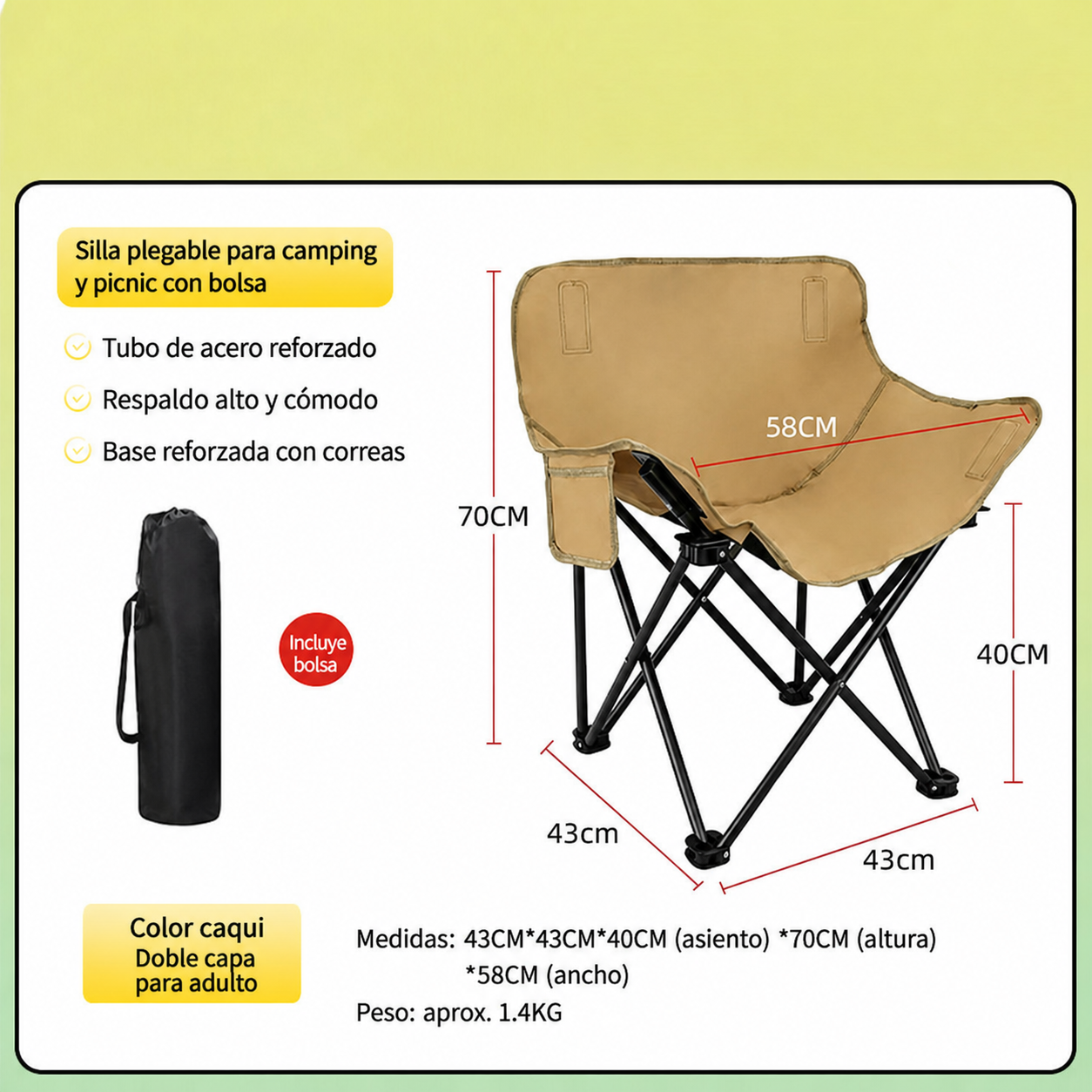 Silla Plegable para Camping y Picnic con Bolsa