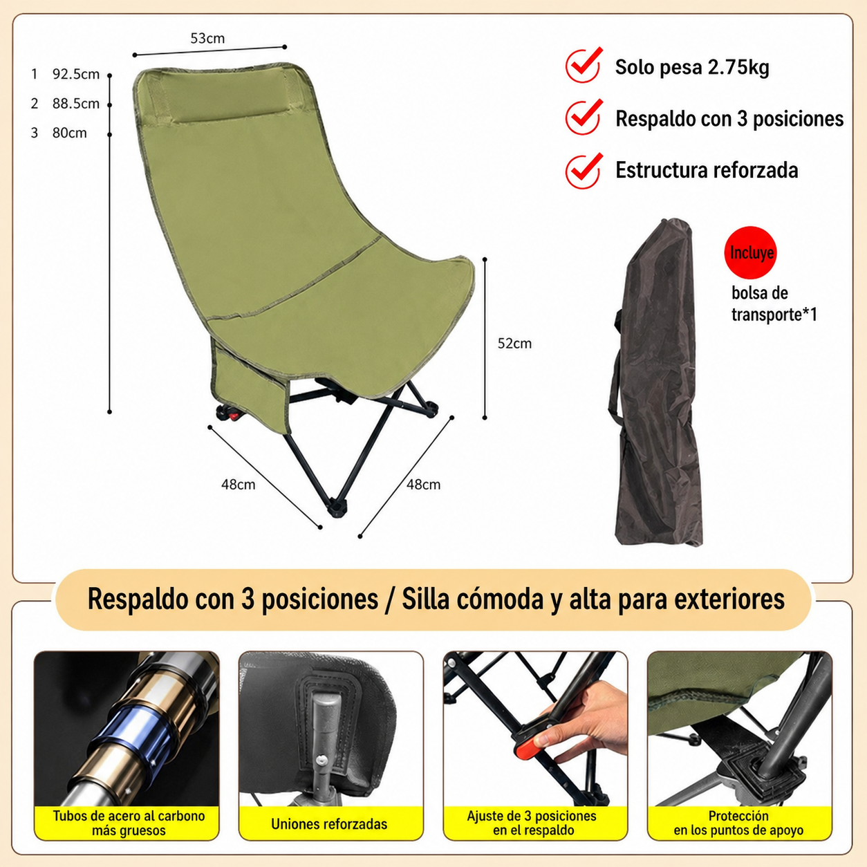 Silla Plegable para Camping y Picnic con Bolsa