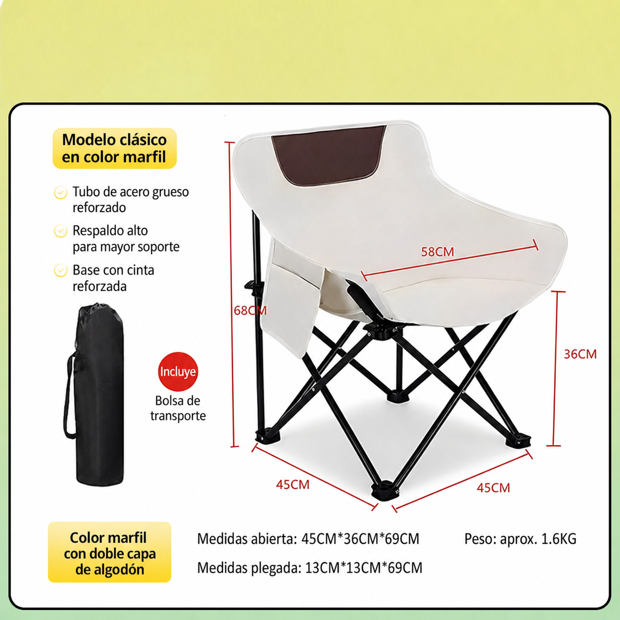 Silla Plegable para Camping y Picnic con Bolsa
