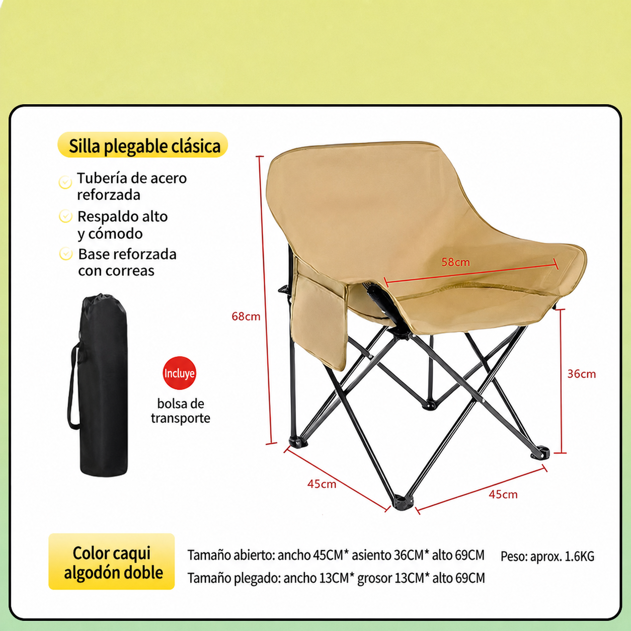 Silla Plegable para Camping y Picnic con Bolsa