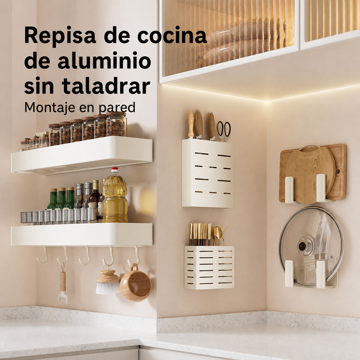 Repisa de cocina de aluminio sin taladrar, montaje en pared - 2