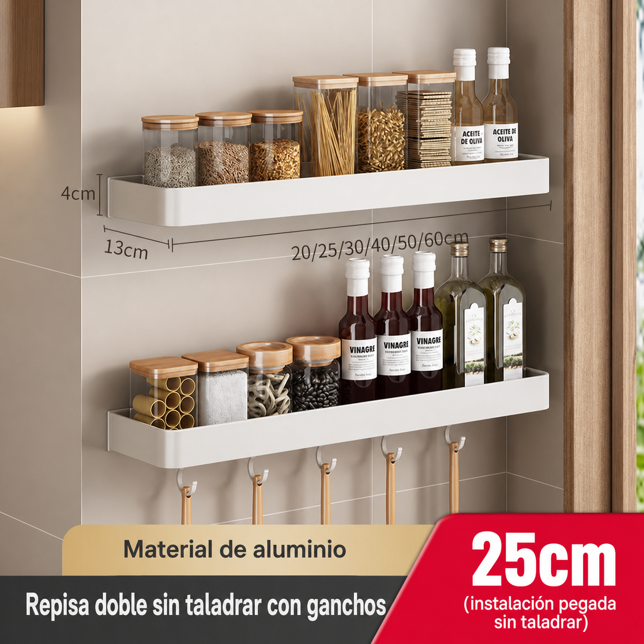 Repisa de cocina de aluminio sin taladrar, montaje en pared - 11