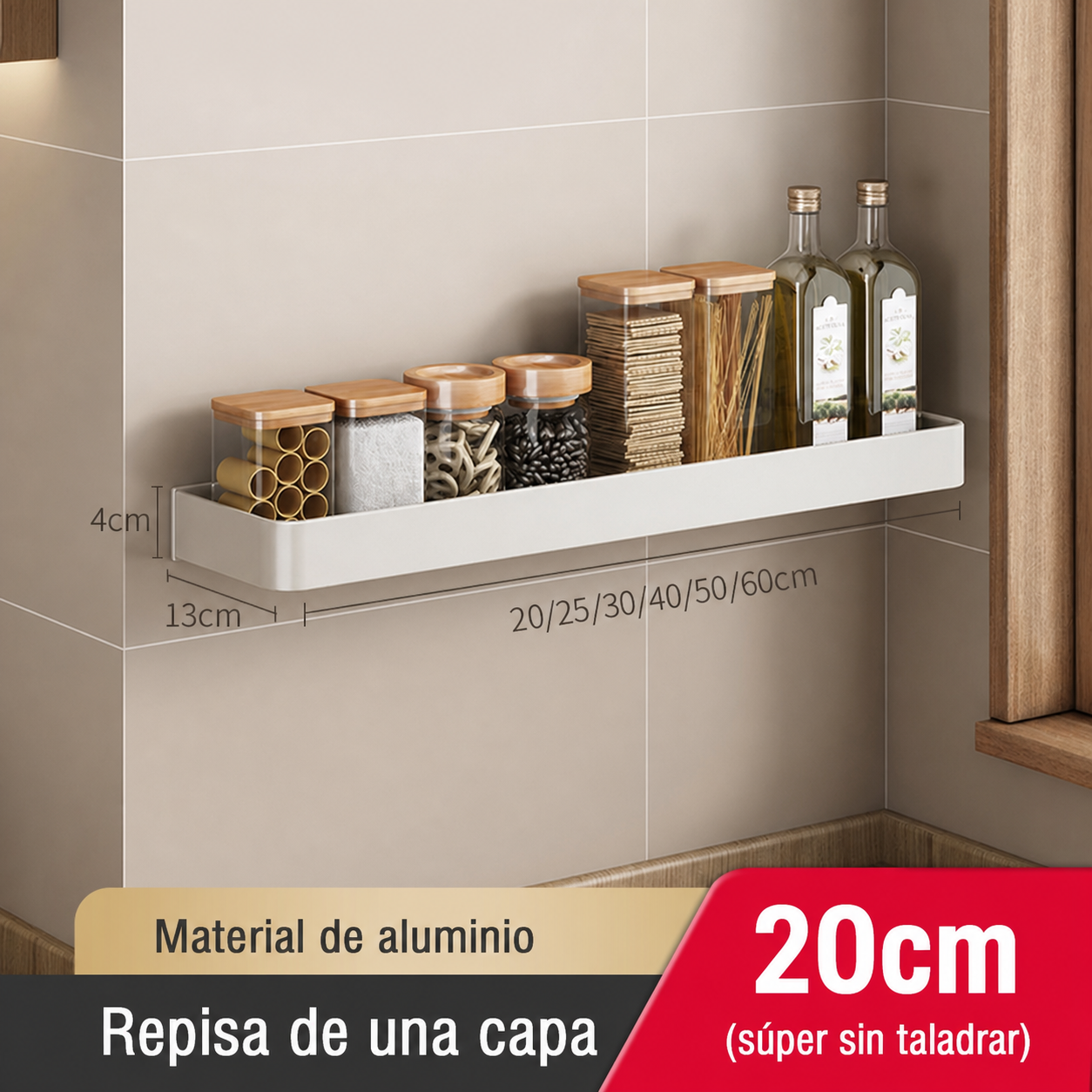 Repisa de cocina de aluminio sin taladrar, montaje en pared