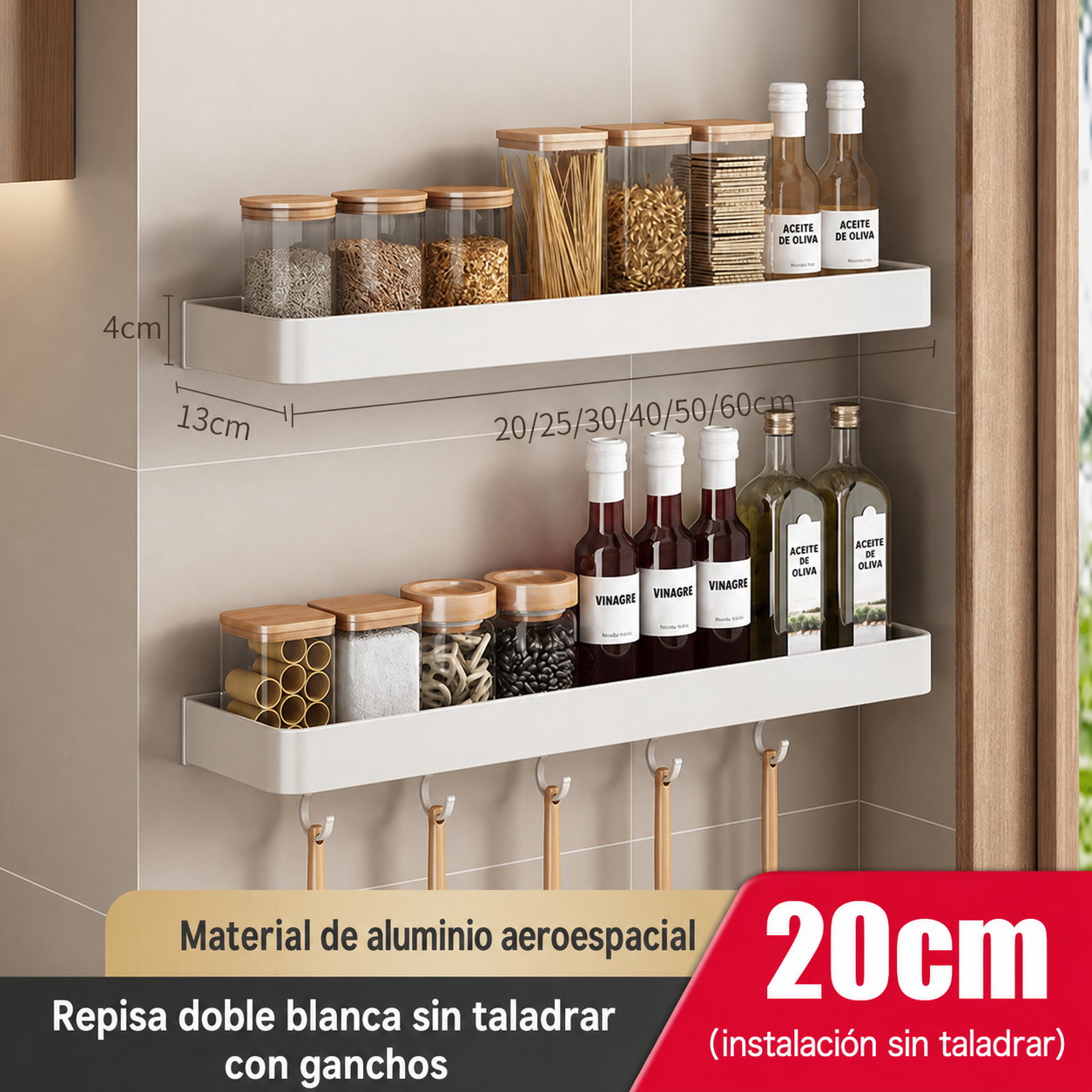 Repisa de cocina de aluminio sin taladrar, montaje en pared