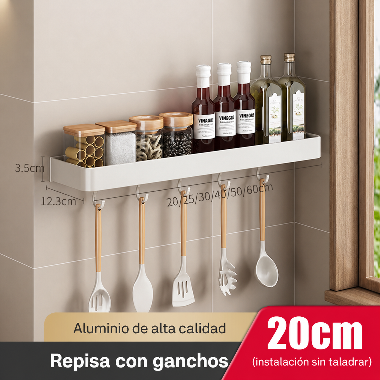 Repisa de cocina de aluminio sin taladrar, montaje en pared