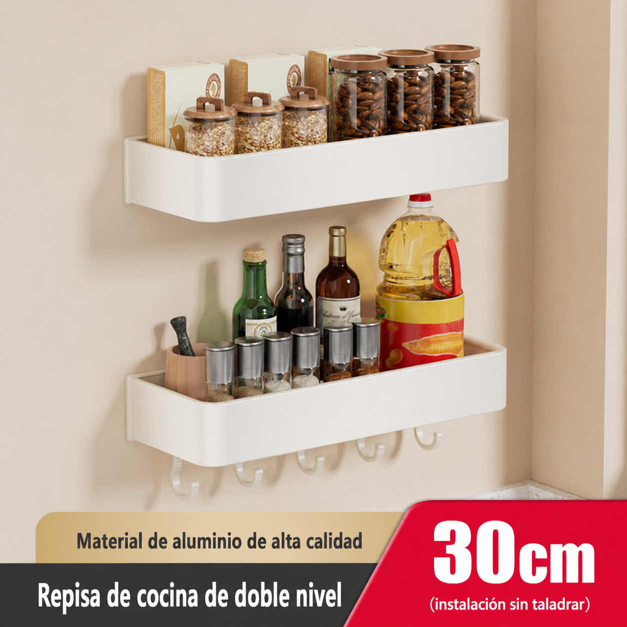 Repisa de cocina de aluminio sin taladrar, montaje en pared