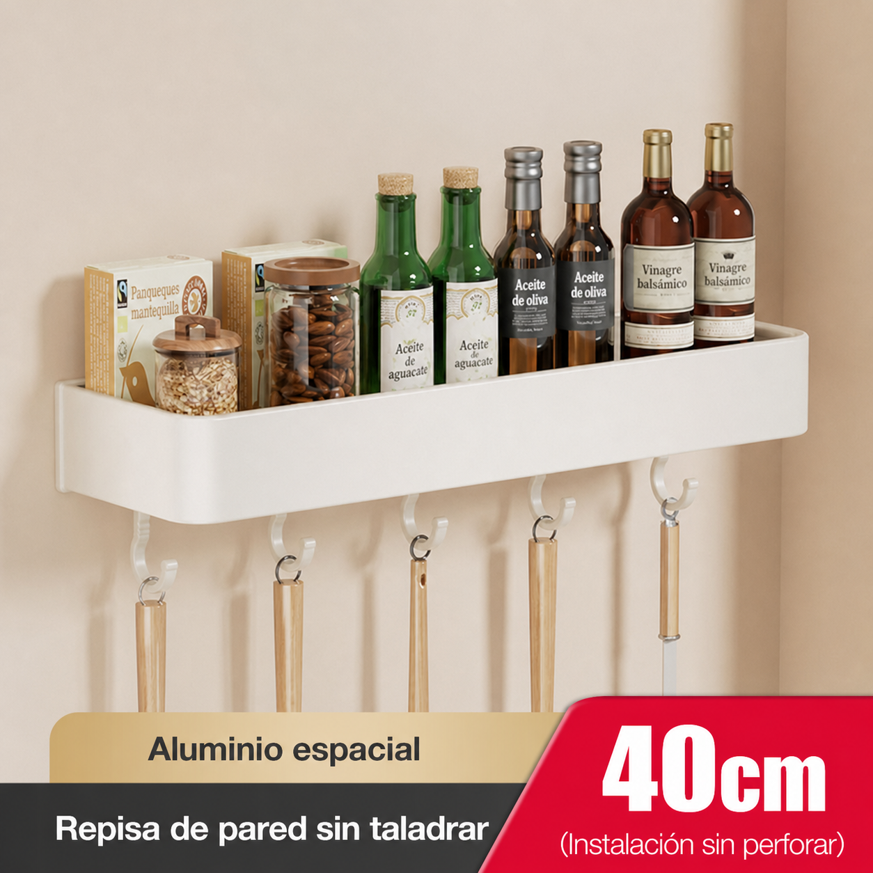 Repisa de cocina de aluminio sin taladrar, montaje en pared