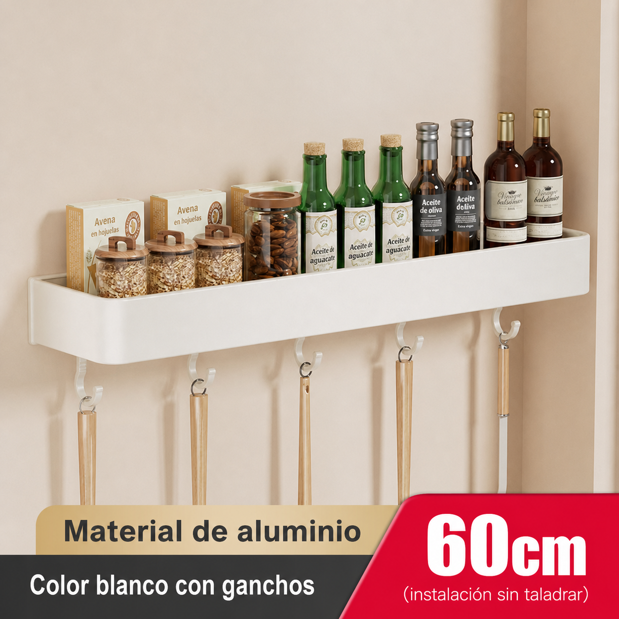 Repisa de cocina de aluminio sin taladrar, montaje en pared