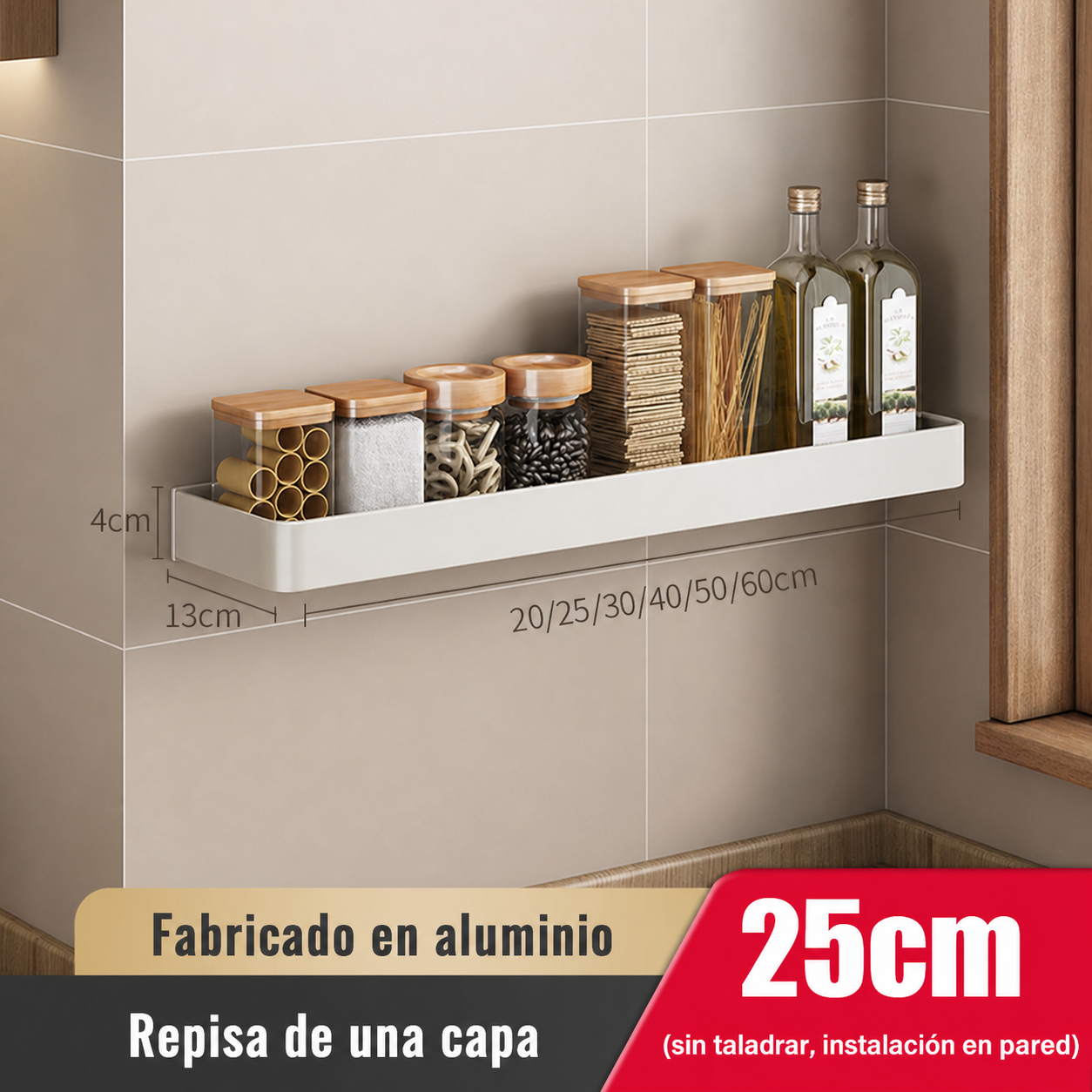 Repisa de cocina de aluminio sin taladrar, montaje en pared